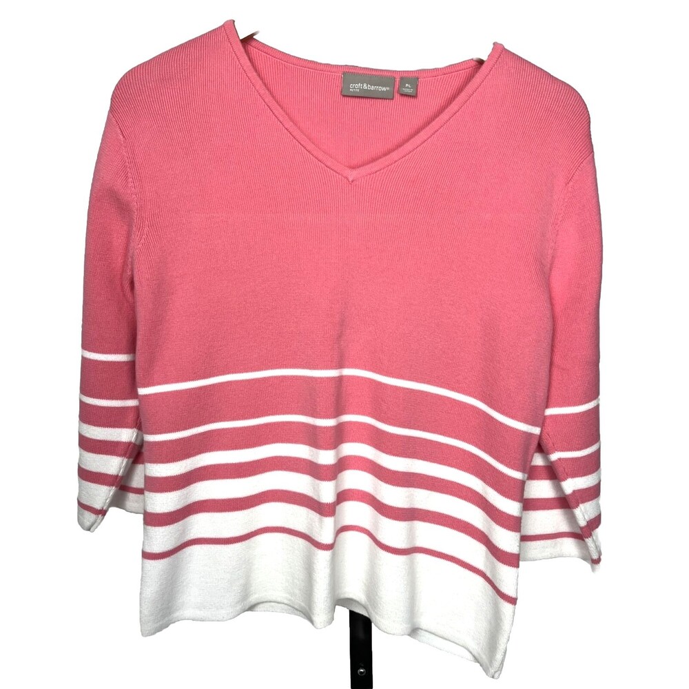 Croft & Barrow Sweater‎ Pullover V Neck Pink Stripe 100% Cotton Petite Large